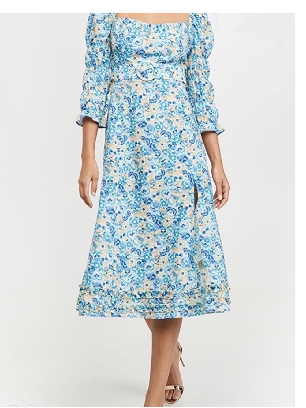 Blue Floral Midi Dress with Square Neck, and Belt